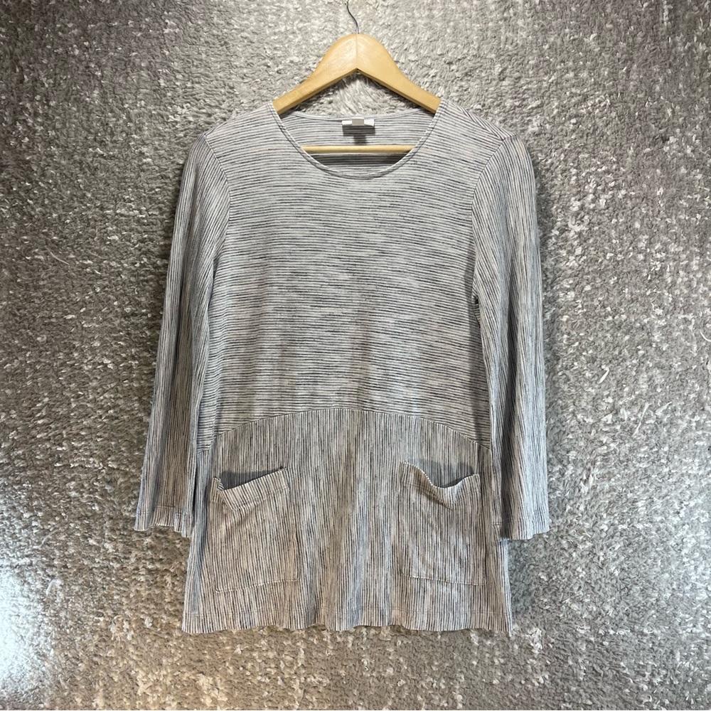 J Jill Pure Jill Gray Slub Long‎ Sleeve Tunic Size XS Top Blouse Striped Pockets